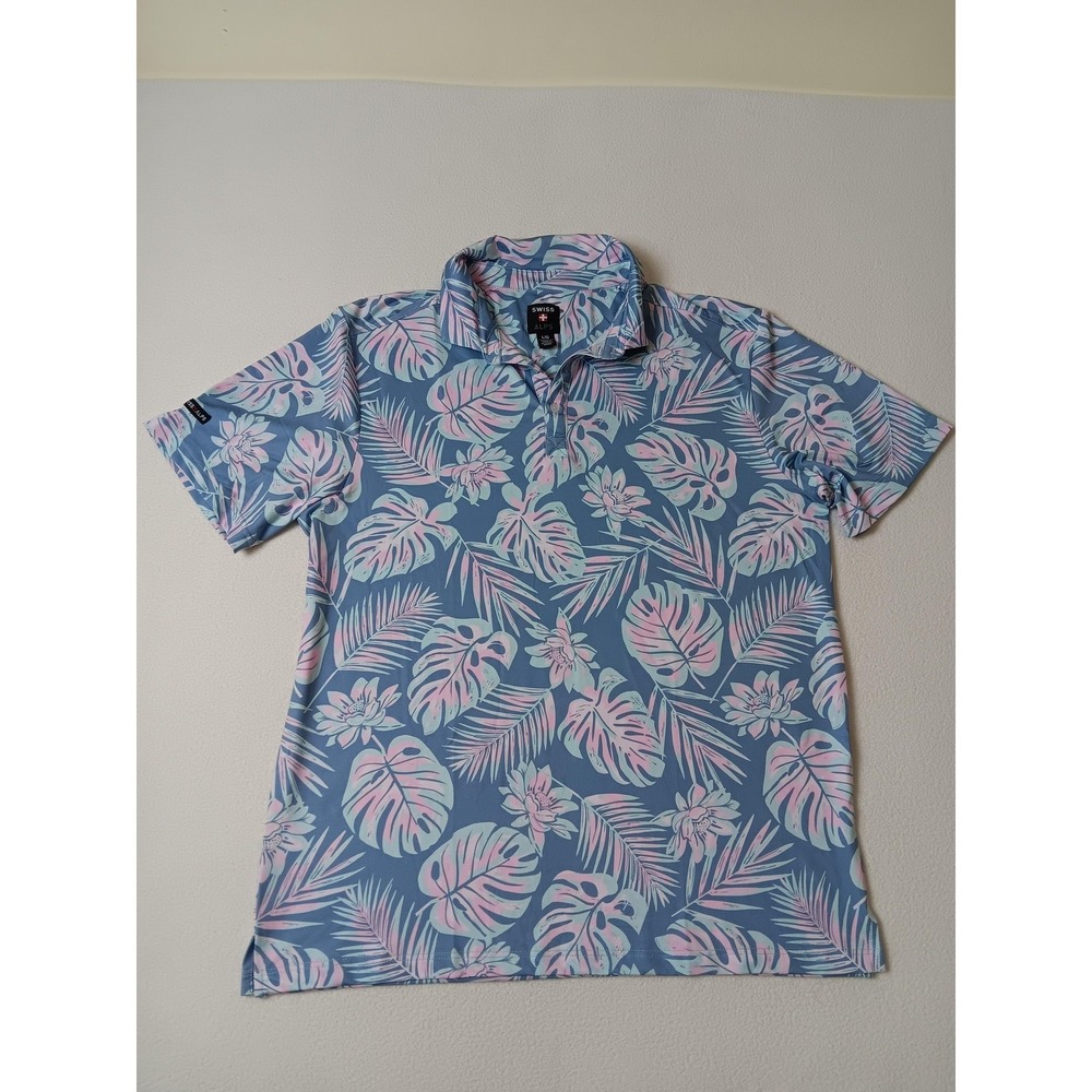 Swiss‎ Alps Polo Shirt Mens L Blue Floral Stretch Performance Summer Casual